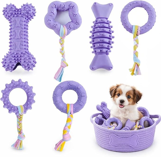 Chew Toys, 6 Pcs Soft Rubber Teething Toys for Small Dogs, Eco-Friendly Interactive Dog Toys, Teeth Cleaning, Cute Purple Design