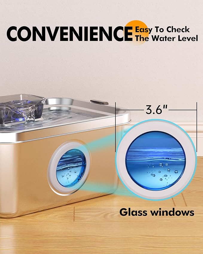Dog Water Fountain, 2 Gallon 304 Stainless Steel Large Pet Water Fountain for Dogs & Cats, Ultra Quiet Indoor Pet Fountain, Safety Lock, 3 Replacement Filters Included, Smart Pump Protection