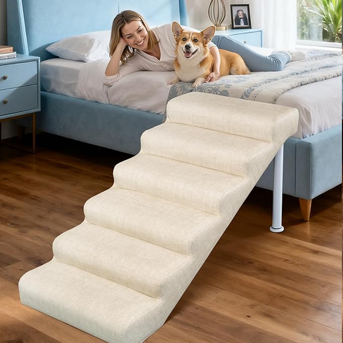 Adjustable Dog Stairs & Ramp for Cats and Dogs, 6-Step Pet Stairs for High Beds and Couch, 21.2"–24.4" Height, Linen Faux Leather, Waterproof, Scratch-Resistant, Non-Slip Indoor Pet Ramp