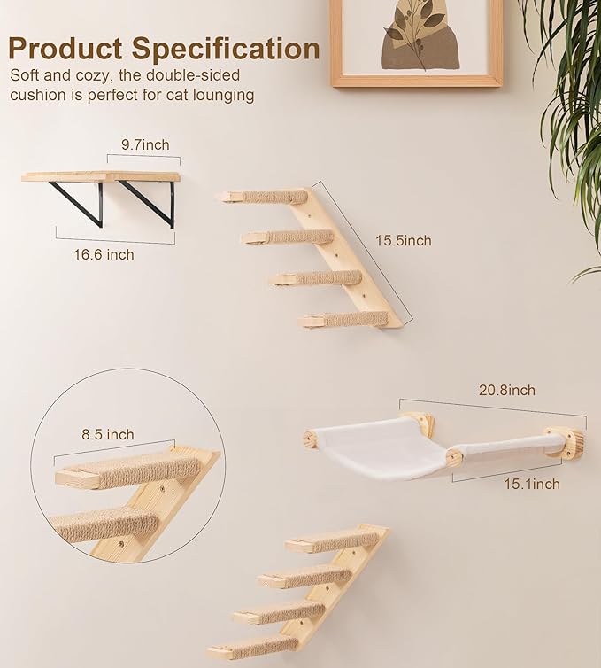 Cat Stairs Hammock Set of 3 – Cat Wall Shelves with 1 Floating Fabric Hammock, 2 Wall Ladders with 4 Steps Each