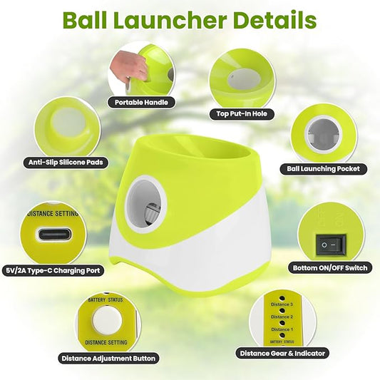 Automatic Dog Ball Launcher, Rechargeable Upgraded Dog Ball Throw Launcher Interactive Tennis Ball Thrower with 2.3in Balls, 3 Adjustable Distance Settings for Small Medium Dogs