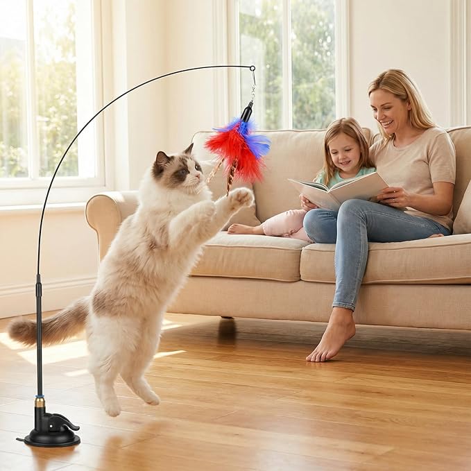 Interactive Cat Feather Toy with Suction Cup – 10-Piece Set Including 2 Detachable Wands & 6 Replacement Teasers, No-Marking Vacuum Base for Indoor Play