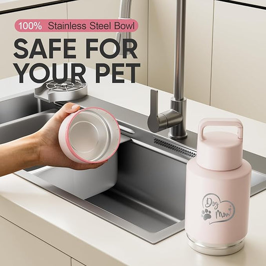 Dog Mom Gift, Insulated Dog Water Bottle with Travel Bowl, Women Christmas, Birthday for DogLover, Portable Water Bottle Dispenser, Accessories for Car, Camping, Outdoor, Detachable (DogMom-PalePink)