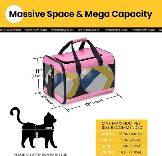 Cat Carrier Airline Approved, Soft-Sided Dog Carrier with Inner Safety Leash, Pet Transport Carrier for Small-Medium Cats Puppies up to 15 Lbs, Collapsible Travel Kitten Carrier Bag -Pink M