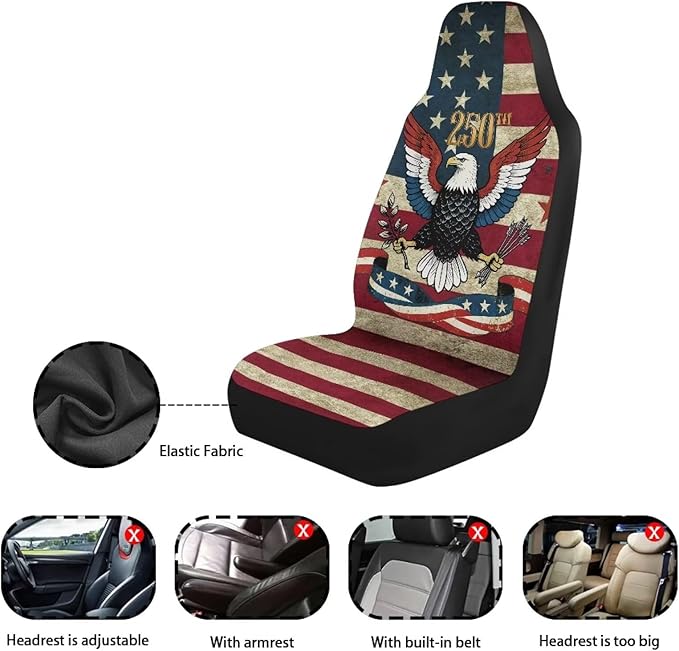 Eagle with American Flag Car Seat Covers Front Set, American 250th Anniversary Patriotic Car Accessories Automotive Seat Covers, Car Interior Covers Seat Protectors for Trucks SUV Sedans