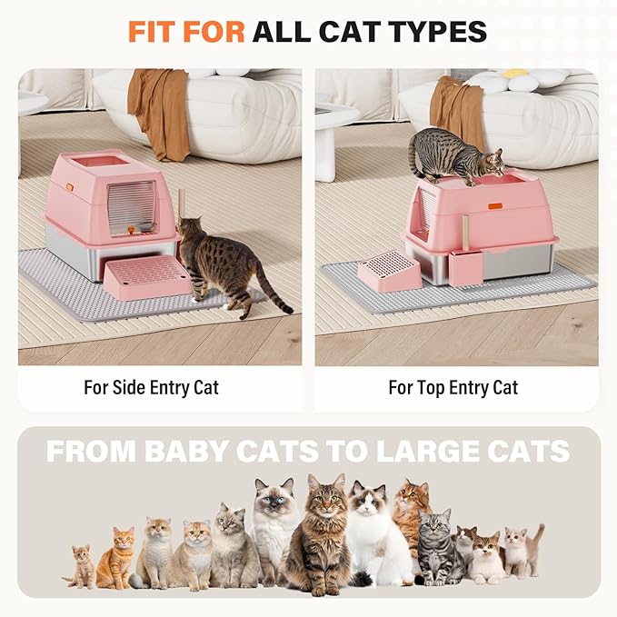 Removable Stainless Steel Cat Litter Box with lid, Front & Top Entry Kitty LitterBox,Cat Litter Box Enclosure, XL Extra Large High-Sided Metal Cat Box with Scoop, Mat, Footboard (Pink)
