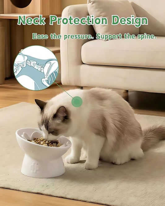 TRUVIC Ceramic Slow Feeder Cat Bowl, 15° Tilted Elevated Cat Slow Eating Bowl for Neck Protection, Anti Vomiting Dog Slow Feeder, Whisker Friendly & No Black Chin for Cats and Small Dogs, White