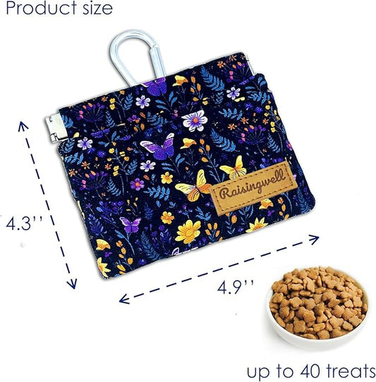 Raisingwell Dog Treat Pouch, Pocket Sized Pet Training Pouch, Cotton Fabric, Hand Free Purple Flower Dog Walking Bag with Carabiner, Self-Closing Pet Feed Snack Reward, for Puppy Travel or Outdoor Use