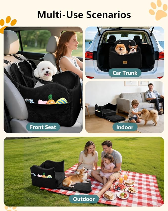 Dog Car Seat for Small/Medium Dogs Up to 35 lbs, 2-in-1 Pet Car Seat with Memory Foam, Machine Washable Dog Bed for Cars, Non-Slip Pet Booster Carseat with Safety Leashes, Storage Pockets (Black)