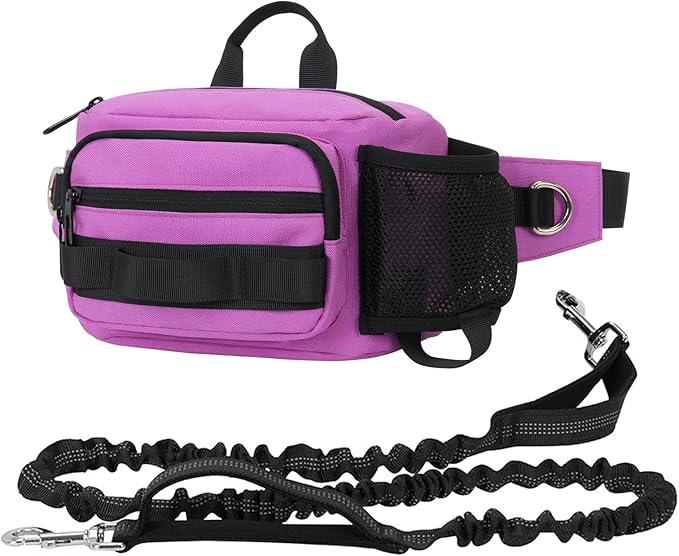 Hands Free Dog Leash with Waist Bag, Retractable Bungee Leash Portable with Dual Handles + Multifunctional Zipper Pouch for Dog Training Walking Running Cycling