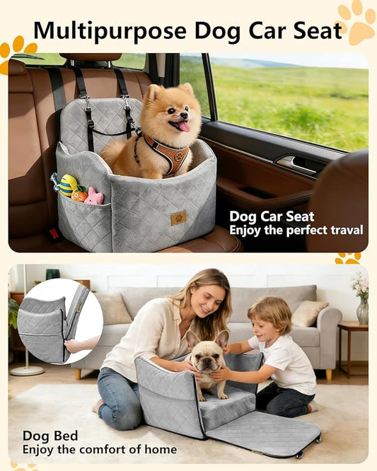 Dog Car Seat for Small/Medium Dogs Up to 35 lbs, 2-in-1 Pet Car Seat with Memory Foam, Machine Washable Dog Bed for Cars, Non-Slip Pet Booster Carseat with Safety Leashes, Storage Pockets (Grey)