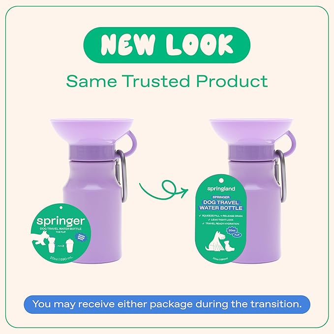 Springer Dog Water Bottle | Portable Travel Water Bottle Dispenser for Dogs - As Seen on Shark Tank | Patented, Leak-Proof Bottles Fill Bowl with Water - Ideal for Walking | BPA-Free 15oz Lilac