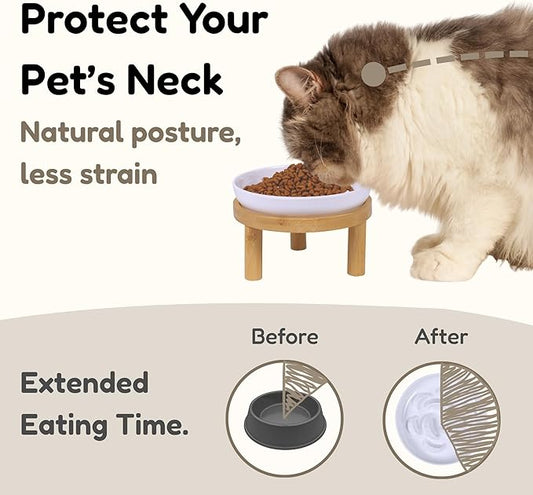 Slow Feeder Bowl, 6.3″ Elevated Cat Bowl with Stand, Melamine Wide Shallow Food Bowl, Whisker-Friendly Raised Plate, Wet Food Feeder for Slow Eating (White)