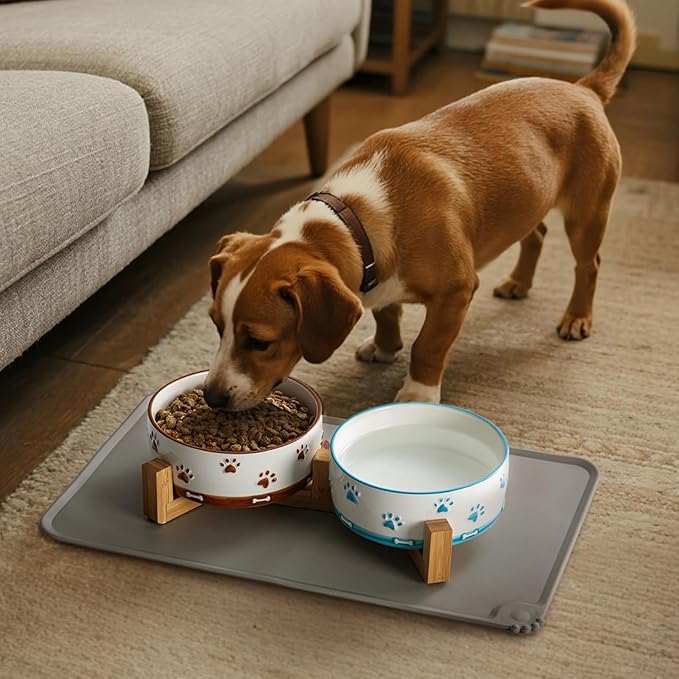 YUN TAO 3.5 Cups Pet Bowls Set of 2 for Medium Dogs,Ceramic Pet Food Water Dish Feeding with Wooden Stand,Cute Puppy Pet Dishes,Includes Non-Slip Silicone Mat
