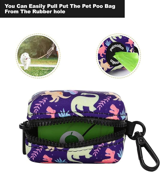 Petmolico Attachment,Waste Bag Dispenser Zippered Pouch, Fits Any Leash, Includes Free Roll of Dog Bags, Poop Bag Dispenser - 2 Packs, Little Dinosaurs
