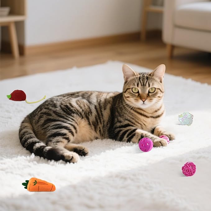 Andiker 6Pcs Cat Toy Pack, Cats Toy Set with Crinkle Balls, Pet Bell Balls, Pet Mouse Toy and Rattan Ball Stimulate Cats Hunting and Chasing Instincts Interactive Kitten Toys for Indoor Cat (Pink)