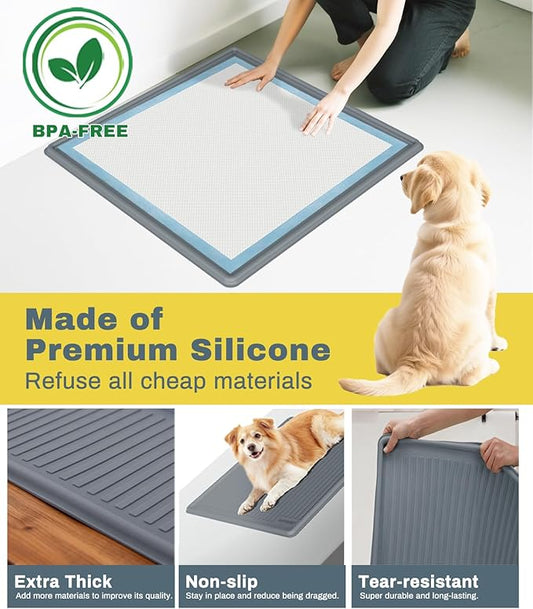 Silicone Pee Pad Holder, Extra Thick Tray for 22" x 22" Disposable Pads, Raised High Edge Leak-Proof Mat for Puppy, Dog, Cat Training Floor Protection