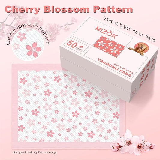 MIZOK Dog Pee Pads Extra Large 28"x34", Potty Pads for Big Dog Breeds, Super Absorbent & Leak-Proof, Pink Cherry Blossom Prints, Thick & Heavy, 4-Corner Adhesive Tabs, XL (50 Counts)