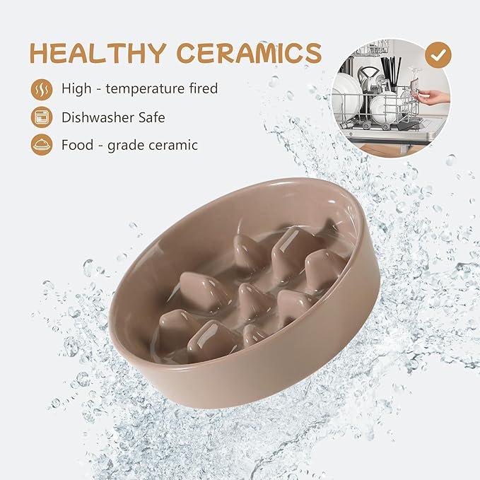 Ceramic 0.9 Cup Raised Slow Feeder Dog Bowl Set, Elevated 6.1inch Slow Dish and 6.1inch Water Bowl with Wooden Stand for Small Dogs (2 x Brown Coffee+ Stand)
