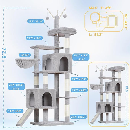 Hey-brother Cat Tree Tower, Sturdy Scratching Posts with Platform, Large Condos, Hammock, Removable Toys, Scratch Board, Multi-Level Furniture for Indoor Cats, 59.0 or 72.8 Inches, Light Gray MPJ055W