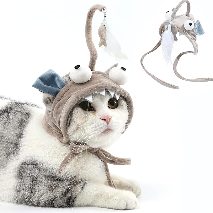 Head Mounted Cat Headgear Interactive Self-Service Adjustable Size Cat hat Feather Toy,Kawaii Design,Grey Bigeye Fish