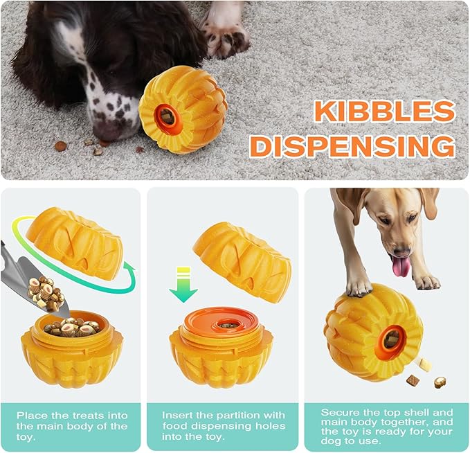 Pumpkin-Shaped Interactive Dog Toy for Dogs Multifunctional Food Dispenser, Frozen Lick Toy & Durable Chew Toy for Aggressive Chewers, Safe Nylon & Coffee Wood Fiber, Easy to Clean, Relieves Anxiety