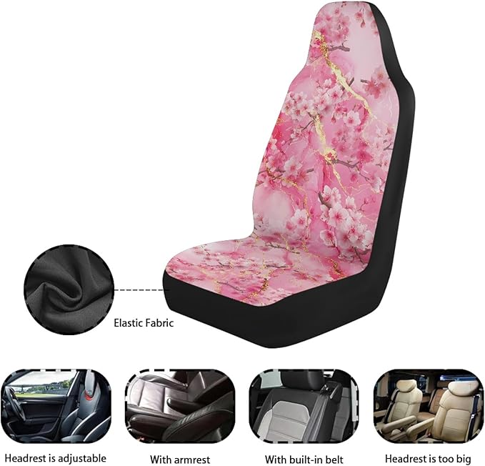 Cherry Blossom Car Front Seat Covers 2 PCS Pink Marble Print Vehicle Seat Cover Fit Most Cars, Sedan, SUV, Van Universal Automotive Accessory Decor
