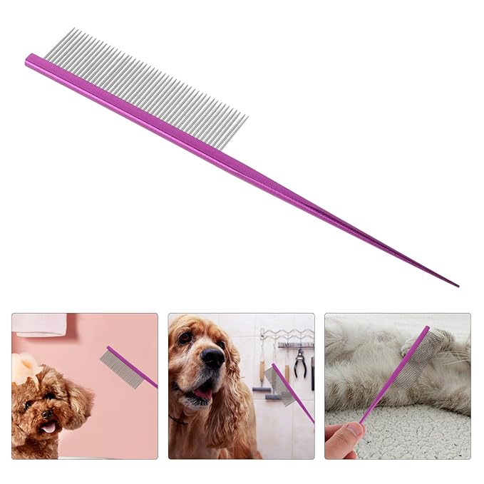 UPKOCH Pet Grooming Steel Comb for Dogs and Cats, Rat Tail Dematting Hair Removal Comb with Anti-tangle Design, Purple Metal Hairstyling Tool for Long-haired Pets