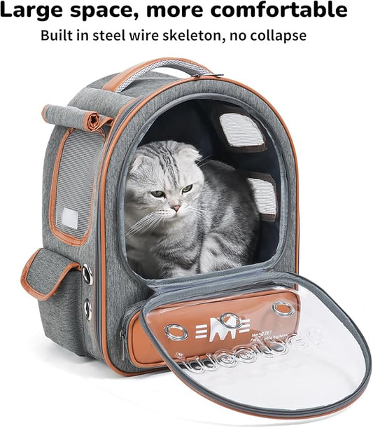 Cat Bubble Backpack Carrier, Clear Pet Bag for Cats and Small Dogs up to 20 Lbs, Great for Outdoor Hiking Camping (Grey Orange)
