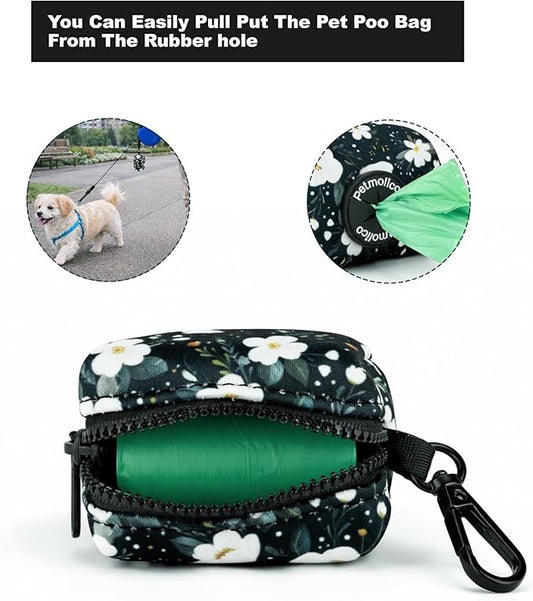 Petmolico Dog Poop Bag Holder Leash Attachment, Dog Waste Bag Dispenser Zippered Pouch, Fits Any Dog Leash, Includes Free Roll of Dog Bags, Poop Bag Dispenser - 2 Packs, Mixed Cyan&Flower