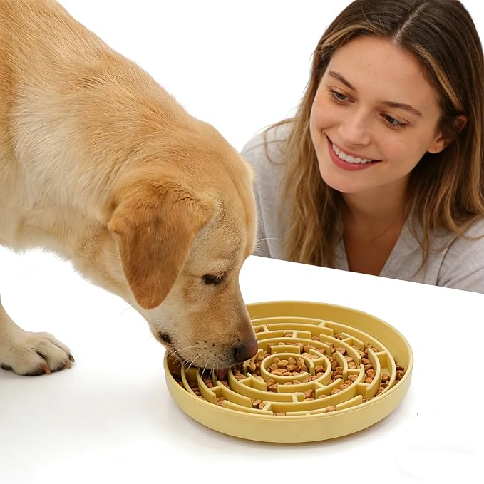 Silicone Slow Feeder Bowl, with Non-Slip Suction Cups, Anti-Choking, Puppy Puzzle Bowl, Slows Down Eating Speed, Relieves Anxiety, Suitable for S&M Sized Dogs and Cats(Yellow