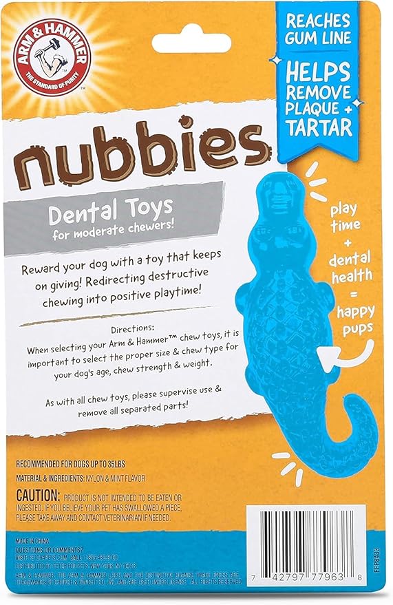 Arm & Hammer for Pets Nubbies Dental Toys, Gator - Dental Chew Toy for Dogs for Moderate Chewers - Reduces Plaque & Tartar Buildup Without Brushing - 2 Pack