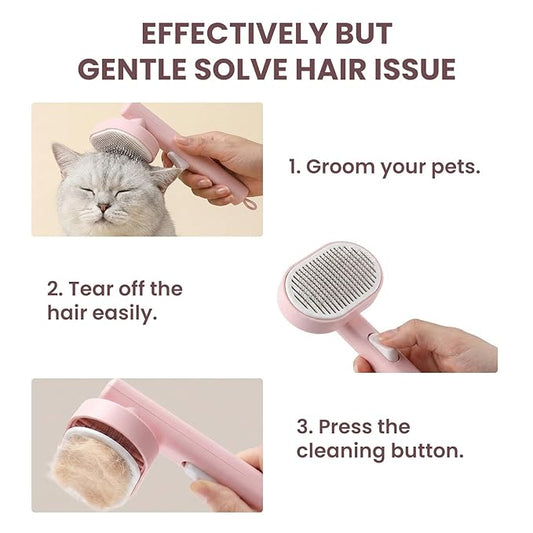 Cat Brush Self Cleaning Pink, Ergonomic Handle Slicker Brush with Release Button, Pet Hair Remover for Cats and Dogs Loose Undercoat