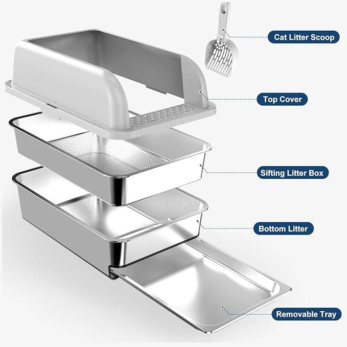 23.6"x15.7"x6" Stainless Steel Litter Box with Lid, XL Sifting Litter Box for Pine Pellets with Removable Drawer Pan for Easy Cleaning, High Sides Large Metal Litter Box System for Big Cats