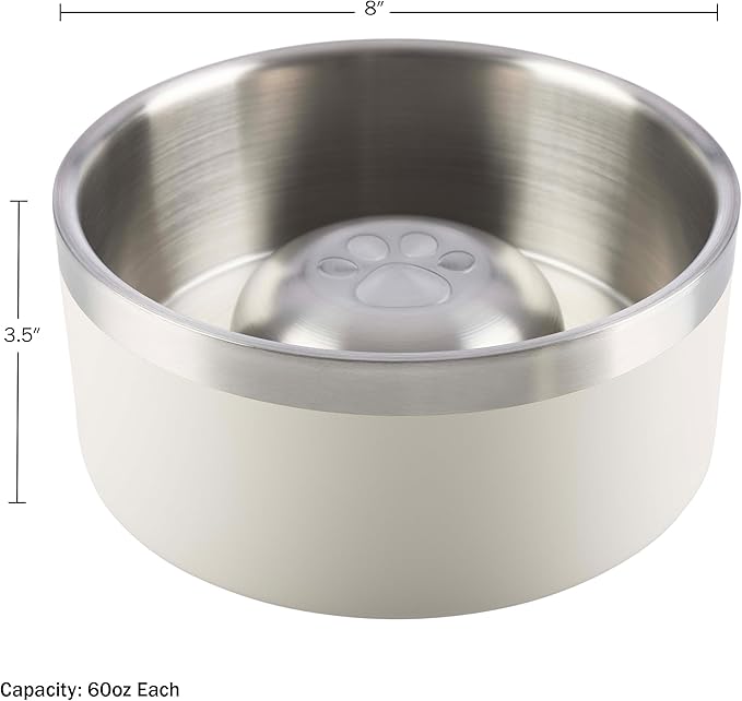 Set of 2 Stainless Steel Slow Feeder Dog Bowls - 60oz or 7.5 Cups Double Wall Insulated Food and Water Bowls for Dogs - Non Slip Metal Pet Dishes for Medium to Large Sized Pets by PETMAKER (Cream)