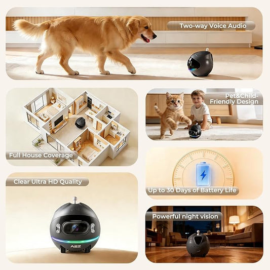 AEZ Robot Camera on Wheels 1080P Dual Lens,Indoor Movable Security Camera with 2-Way Talk,Blinky Bot with Night Vision,Distance Bot App Control for Cats/Dogs/Baby/Elderly (SD/Cloud Storage)