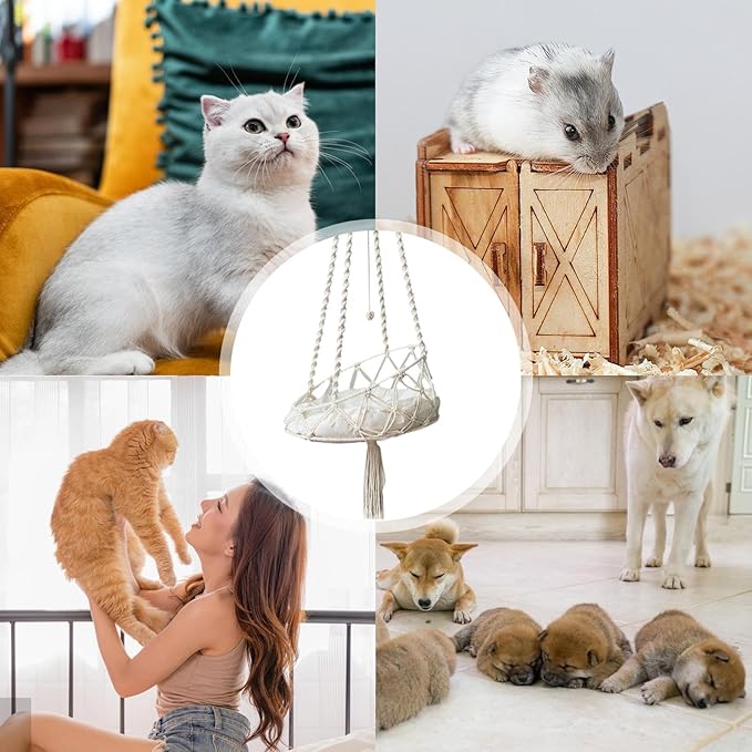 Cat Hammock, Handmade Woven Tassel Hanging Pet Bed for Kitten & Puppy, Pastoral Style Cats Swing Hammock with Cotton Mat for Palying Sleeping Lounging, 40cm