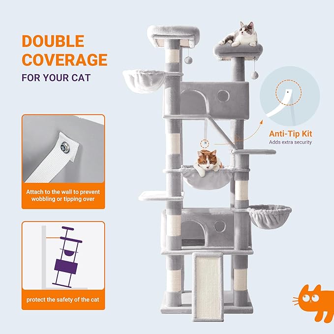 Allewie 81 Inches Tall Cat Tree/Multi-Level Large Climbing Tree House and Towers for Big Feline/Condo and Hammock/Scratching Post/Wide Base/Grey