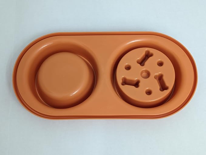 Pets Anti Skid Double Slow Feeder Dog Bowls with Non Skid Silicone Mat - Stainless Steel Dog Water Bowl for Cats & Pets (Orange)