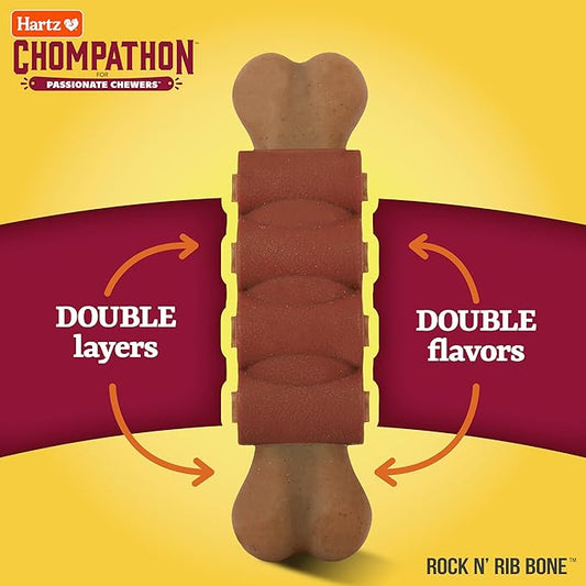 Hartz New Chompathon Rock 'N Rib Bone Dog Chew Toy for Aggressive Chewers, Double Layered Flavored with Chicken & Beef (Pack of 2)