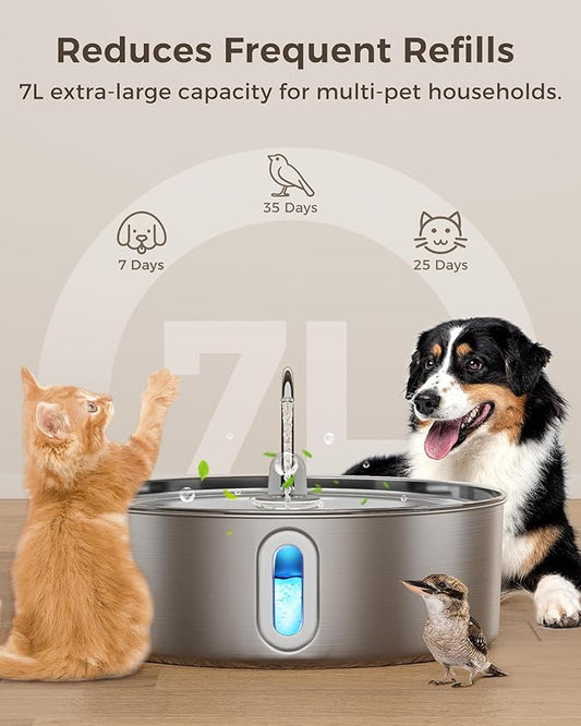Dog Water Fountain for Large Dogs 7L/236oz Stainless Steel Dog Water Bowl Dispenser Automatic Cat Water Fountain with Deeper Drinking Area, Multi-Filtration Pet Fountain with Ultra-Quiet Pump