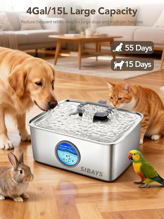 SIBAYS 4Gal/15L Dog Water Fountain, Stainless Steel Large Capacity Pet Water Fountain with Water Level LED Light, Automatic Quiet Dog Water Bowl Dispenser for Large Dogs & Multi-Pet Easy to Clean FS79