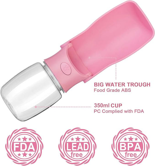 Foldable Dog Water Bottle, 2in1 Portable Leak Proof Puppy Drinking Bottle Dispenser for Puppy Small Medium Large Dogs, Dishwasher Safe Pet Accessories for Outdoor Traveling (Pink,12oz)