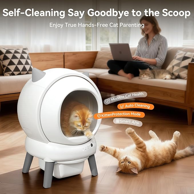 Automatic Cat Litter Box - E2 Self Cleaning Litter Box Smart Robot for Multiple Cats, APP Real-Time Monitor, Weight Monitoring, Safe Anti-Pinch Liners and Mat Included(White)
