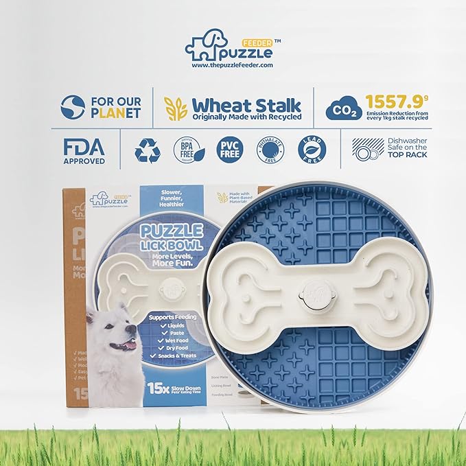 Puzzle Feeder Slow Dog Bowl for Dry, Wet, and Raw Food - 9.8 Inches Lick Bowl Makes Mealtime Fun for Large Dogs, Blue