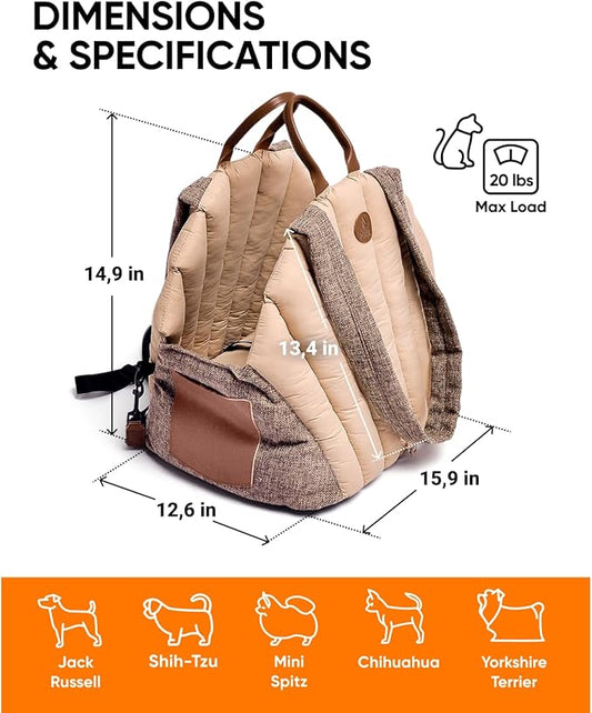 Owleys Dog Travel Bag | Cat Carrier | Small Pet Taxi | Lightweight Soft-Sided Tote, Car-Seat Compatible, Washable, 6–20 lb | Vegan Materials | Brown
