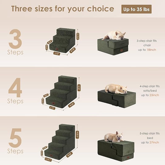 EHEYCIGA Dog Stairs for High Bed 22.5" H, 5-Step Dog Steps for Bed, Pet Steps for Small Dogs and Cats, Non-Slip Balanced Pet Ramp Indoor, Military Green