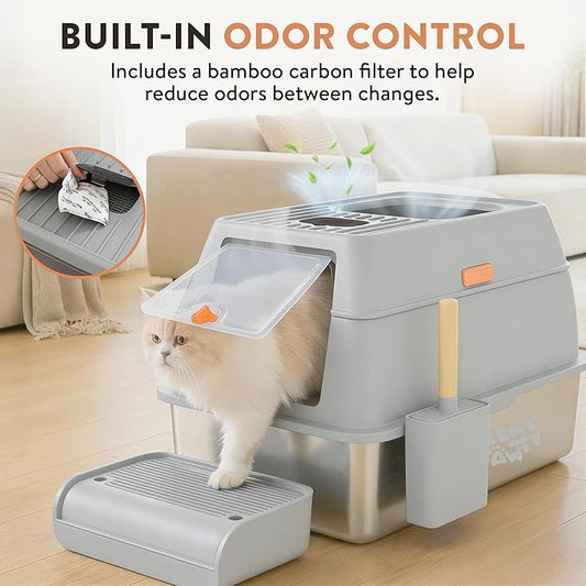 XL Stainless Steel Cat Litter Box with Enclosure and Pooper Scooper - Durable Black Metal Litter Box for Big Cats, High Sides for Anti-Leakage, Never Absorbs Odors, Non-Sticky - (60x40cm) (Gray)