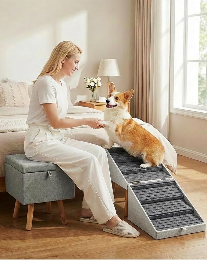Dog Ramp for Bed & Couch, Dog Stairs 21.06 inches High for Large/Medium/Small Doggie, Foldable 2 in 1 Wooden Pet Steps for Puppy Older and Injured Dogs, Split Ottoman Design, No-Slip Surface