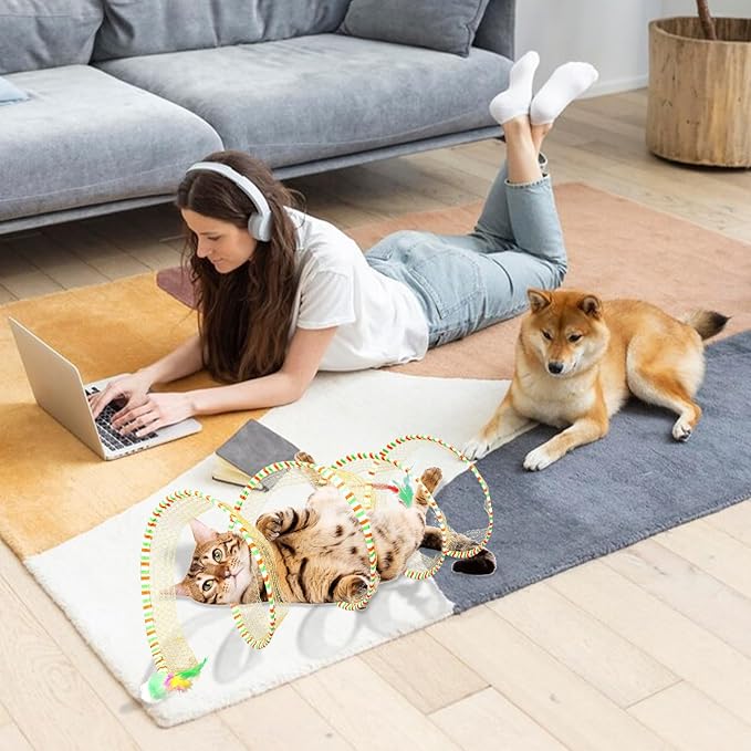 2-Pack Large Cat Tunnel Beds - Indoor & Outdoor,Kitten Collapsible Spring Tunnel Toy with Feather and Bell,Interactive Spring Toys for Cats & Kittens(Yellow and Blue)